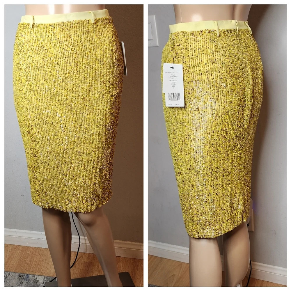 NWT Robert Rodriguez Yellow Citron Sequin Pencil Skirt women's size 0